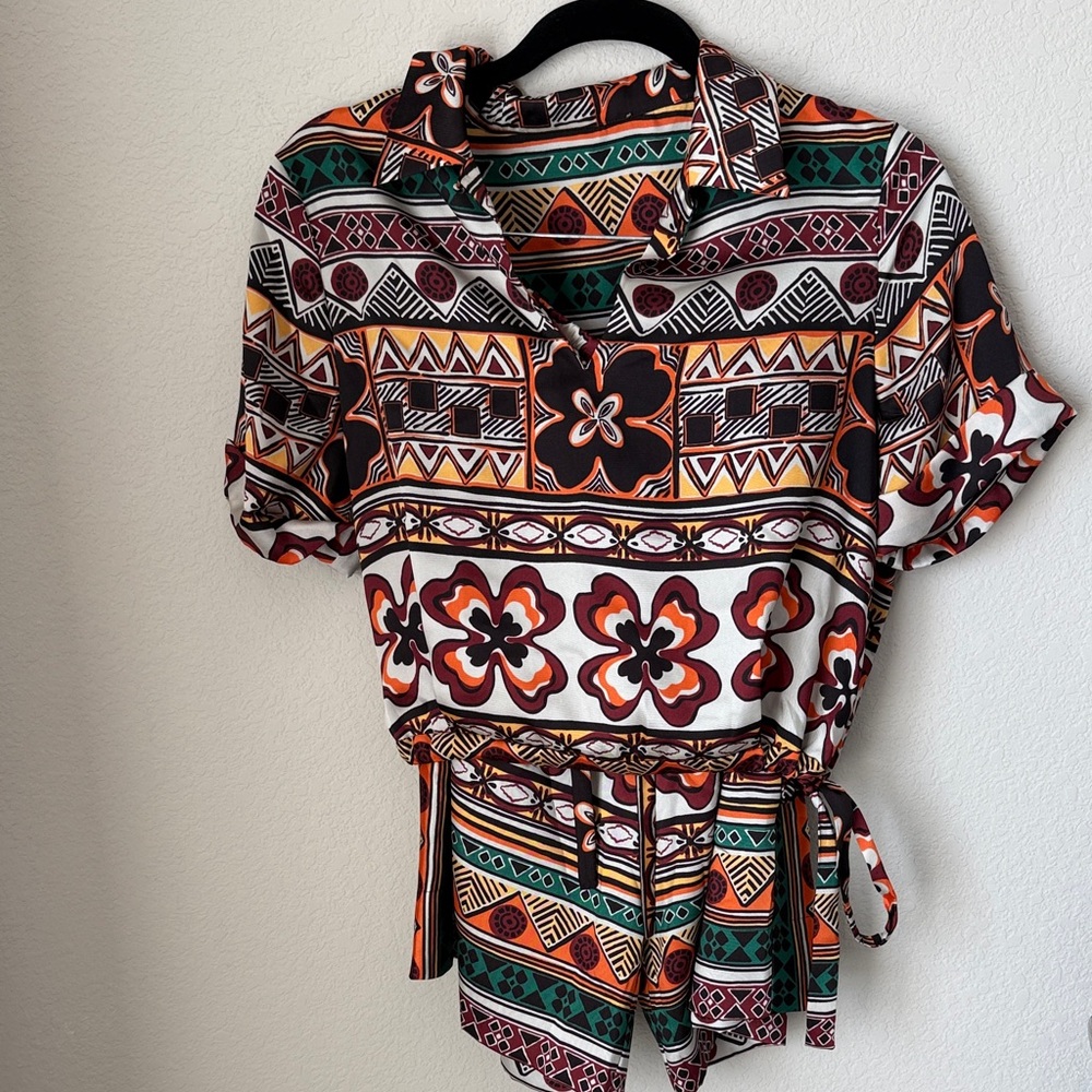 Zara Colorful Geometric Print v neck collar Shirt & shorts  (2 piece set )